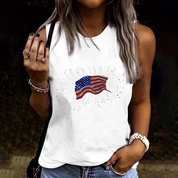 Mifsaly American Flag Tank Tops Women Patriotic Sleeveless Top Loose Cotton Summer Camisole Loose Fit Graphic Print American Flag Basic Layering Shirts 2026 XL
