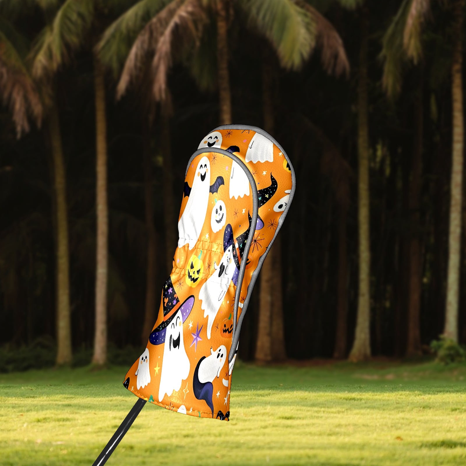 Golf Club Covers, Orange GhostPumpkin Premium PU Leather Driver Hybrid Putter Head Covers with Velvet Lining, Waterproof Golf Gifts for Men Women