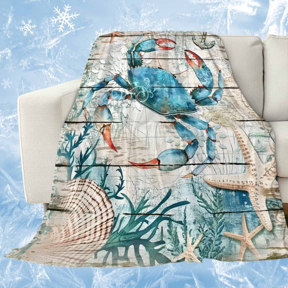 Teal Crab Coastal Cooling Blanket,Lightweight Breathable Summer Throw Blanket with Double Sided Cold Effect,Summer Beach Nautical Starfish Retro Picnic Blankets Bed Sheet for Hot Sleepers 60"x80"