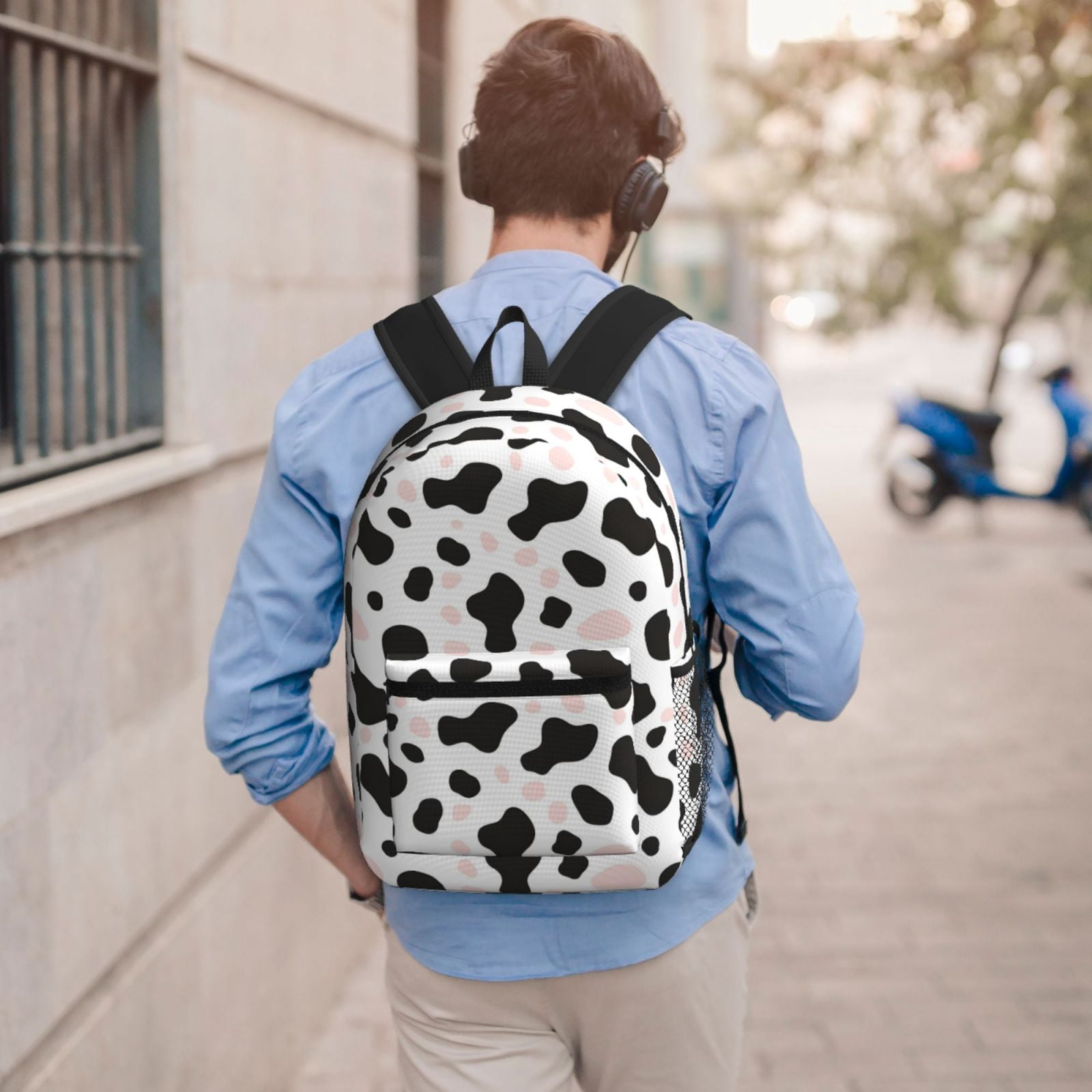 17in Backpack With Pocket Adjustable Shoulder Strap Large Capacity Zipper Opening And Closing Double Pull Head Zipper For Work Travel Sports Simple Cow-Print Pattern1_3