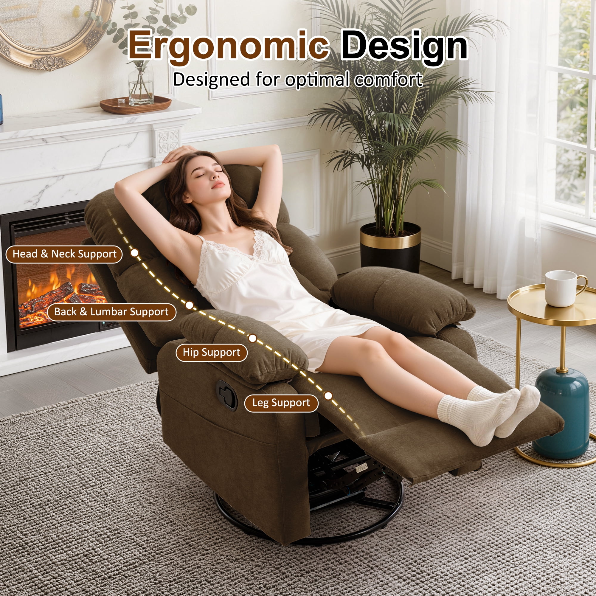 GEEYOO Swivel Rocker Recliner Chair for Adults,360°Swivel Nursery Recliner with Side Pockets,Small Recliner Chair for Small Spaces for Living Room,Linen,Brown