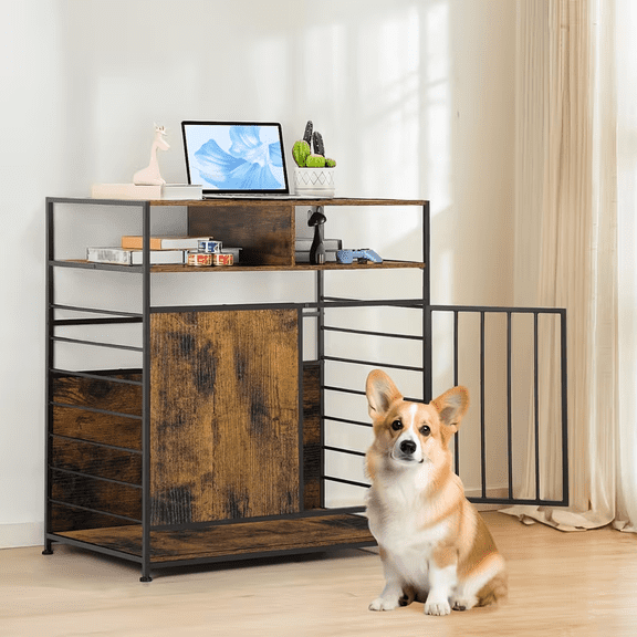 Indoor Dog Crate Furniture with Storage Shelves – Heavy Duty Metal Dog Kennel with Lockable Door, Wooden Top Cage Side Table for Small Dogs