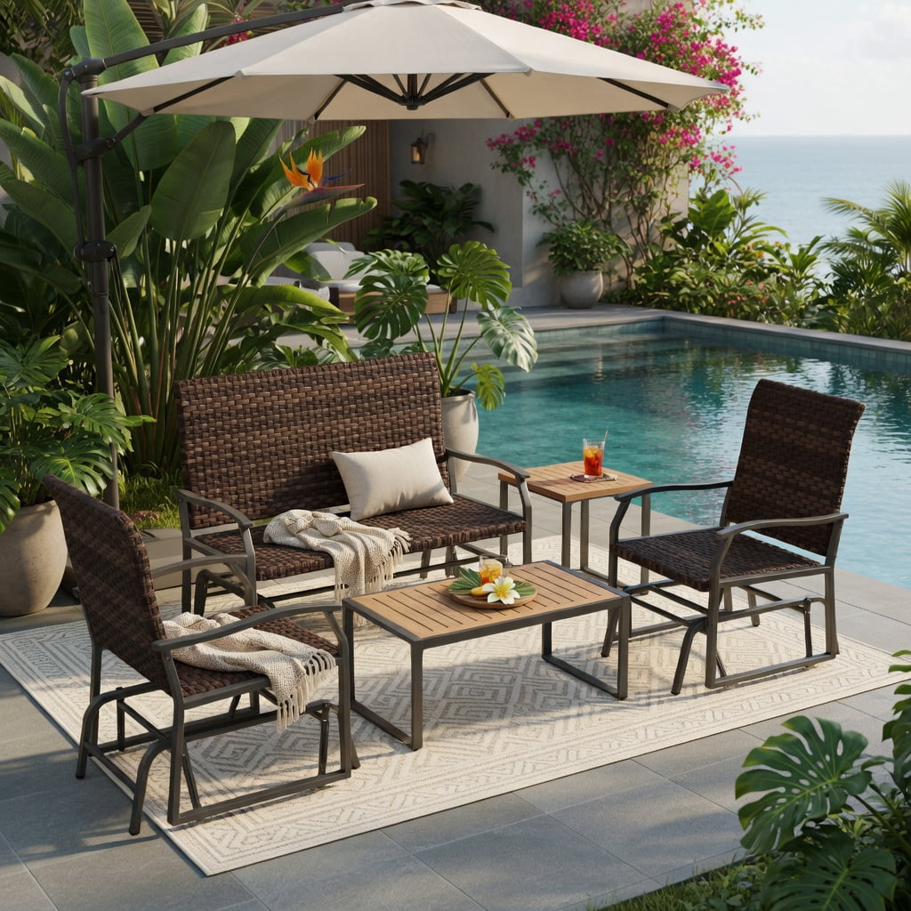 Hommoo 4-Piece All-Weather Wicker Patio Glider Set with Tempered Glass Coffee Table, PE Rattan Loveseat & Single Glider, Outdoor Swing Furniture for Backyard, Poolside & Porch, Brown