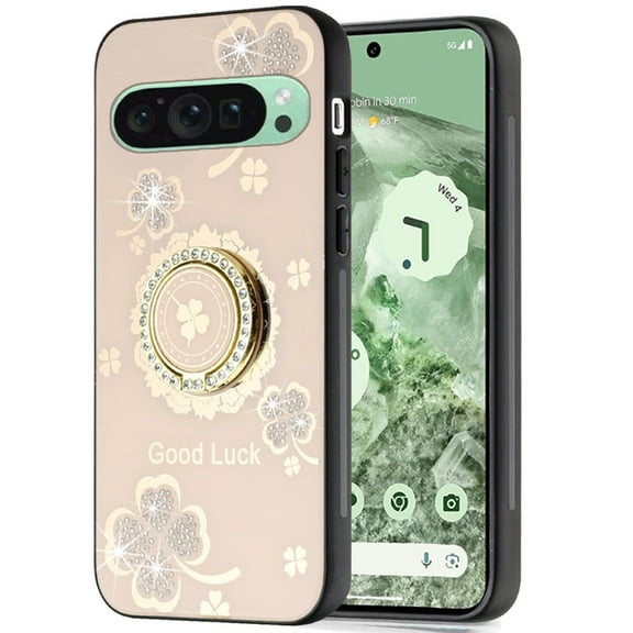 Designed for Google Pixel 9 PRO Fashion Stylish Diamond Bling Sparkly 3D Ornaments Engraving Hybrid with Ring Stand Phone Case Cover [Enchanted Butterfly Gold]