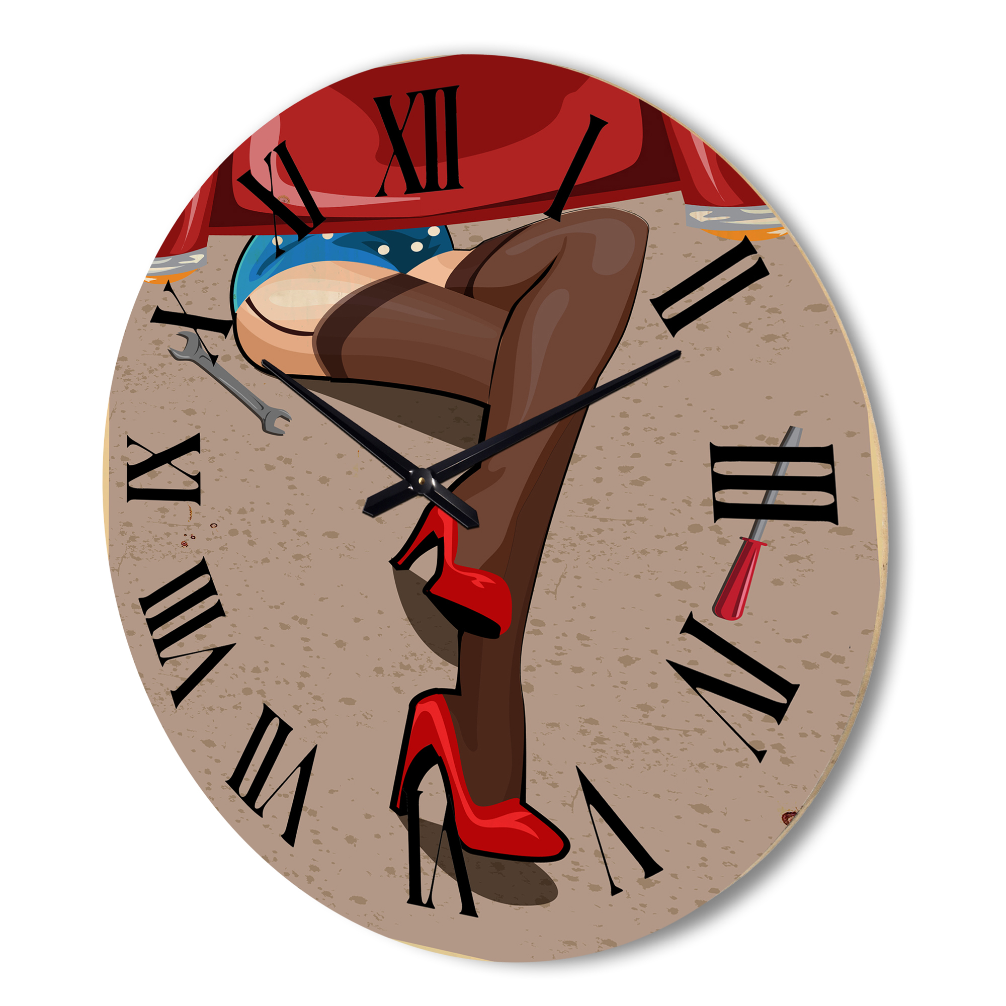 Designart 'Retro Sexy Girl Repairing The Car' Modern Wood Wall Clock