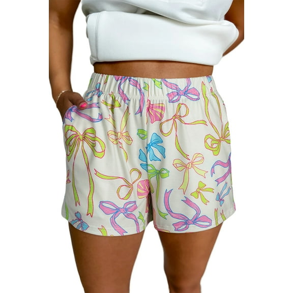 Women's White Bow Print Pull-On Casual Shorts with Elastic Waist | [ZhiHiMeRi] | (US 12-14)L