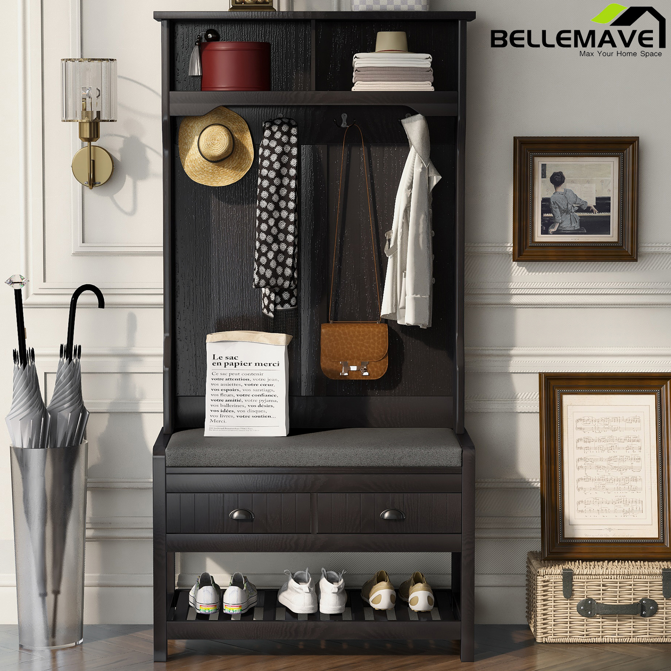Bellemave Hall Tree with 4 Hooks and Two Drawers,3in1 Hall Tree