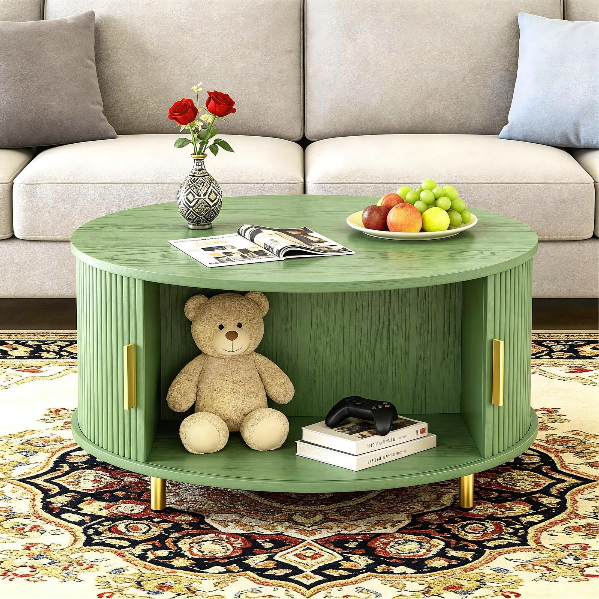 31.5" Round Coffee Table, Mid Century Modern Fluted Coffee Table with 360° Sliding Tambour Door & Storage, Green