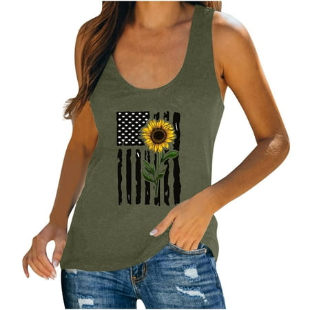 

Womens Sunflower Racerback Tank Tops 4th of July American Flag Print Sleeveless Loose Fit Summer Shirts