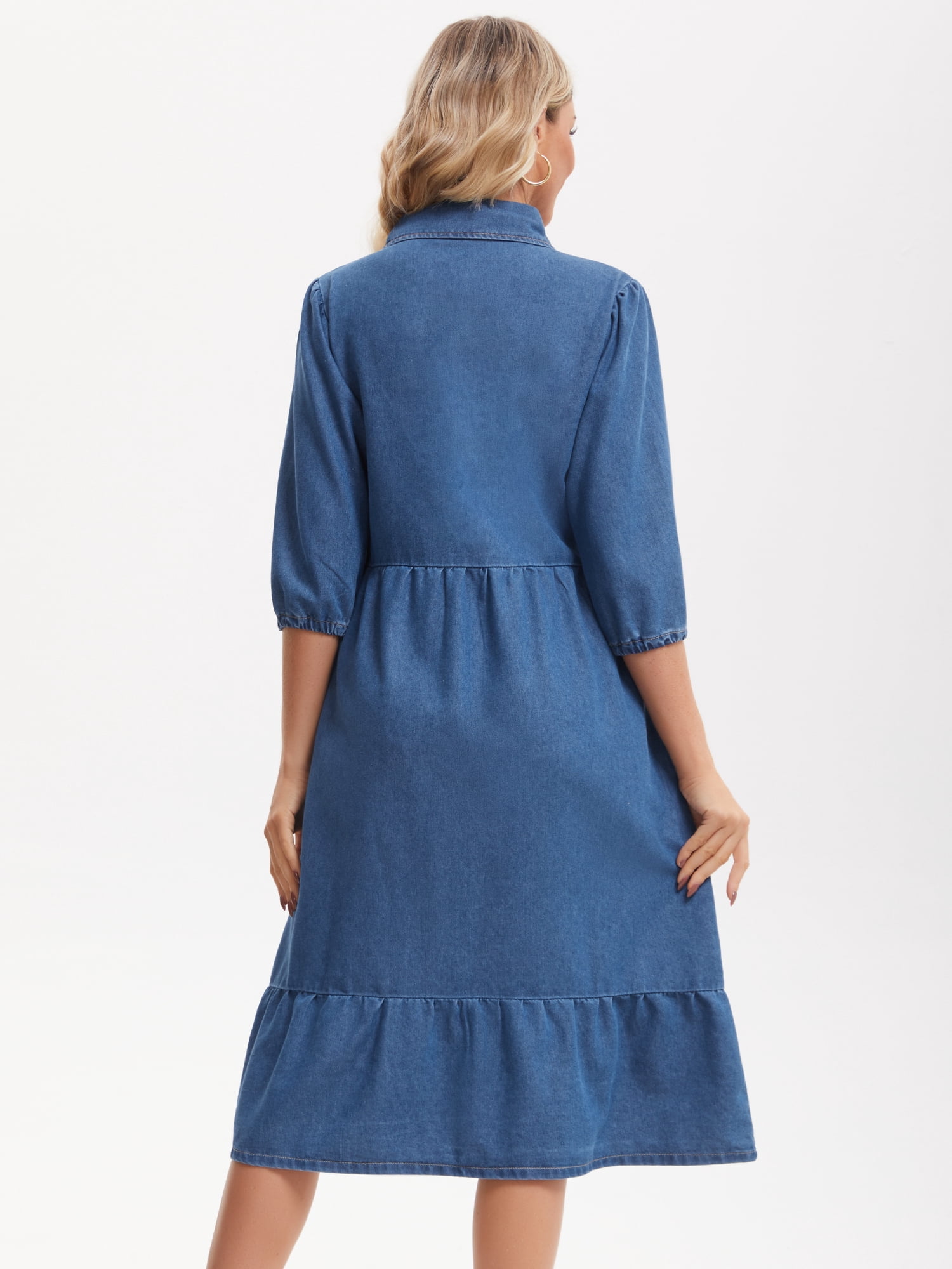 DARING DIVA Women's 3/4 Sleeve Button Down Collar Swing Tiered Dress XL Blue