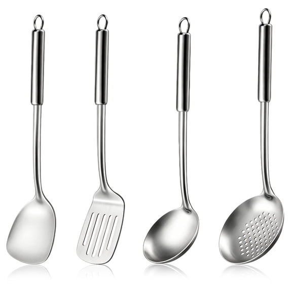 Cooking Utensils Sets, 4pcs Stainless Steel Kitchen Utensils Kitchen Gadgets Tools Set Include Wok Ladle, Slotted Spoon, Wok Spatula and Slotted Spatula