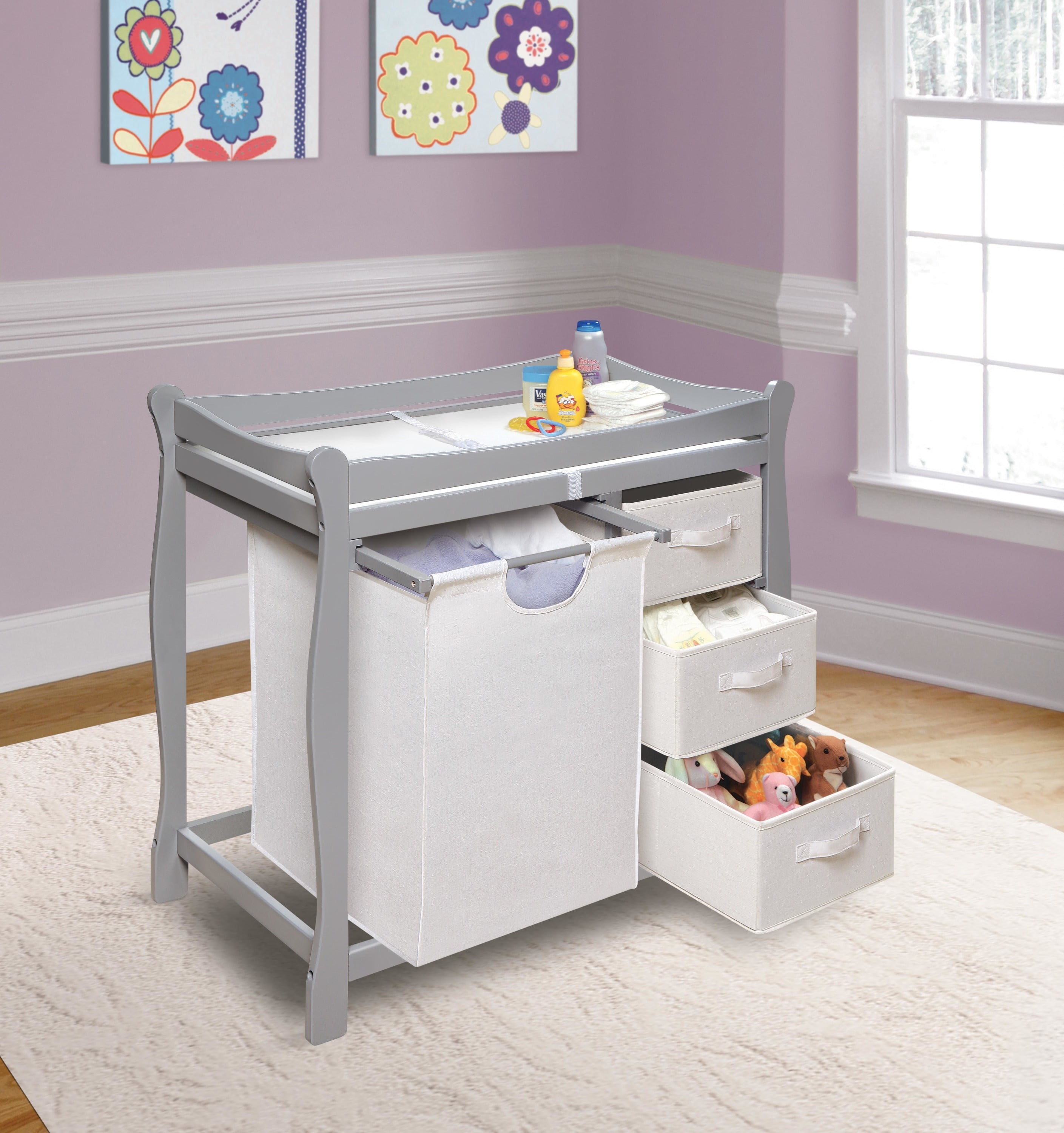 Badger Basket Sleigh Style Baby Changing Table with Hamper and 3 Baskets - Gray