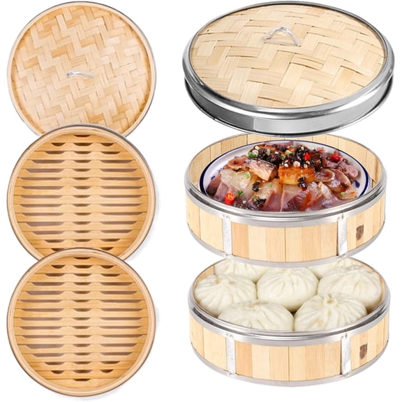 2 Tier Bamboo Steamer Basket: Handmade Bamboo Steamer 10 Inch with Stainless Steel Ring, Cooking Pot for Dumplings, Rice, Vegetables, Dim Sum, Bao Buns, Asian Foods