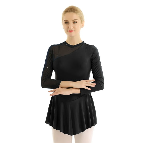 Zaldita Women's Lyrical Gymnastic Skate Dress Mesh Patchwork Hollow Out Leotard Dresses Black Medium