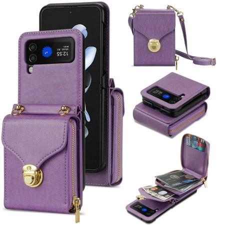 Dteck for Samsung Galaxy Z Flip 4 Case, Zipper Wallet Card Leather Case, Shockproof Ultra-Thin Anti-Scratch Protection Case with Shoulder Strap for Samsung Z Flip 4 5G, Purple