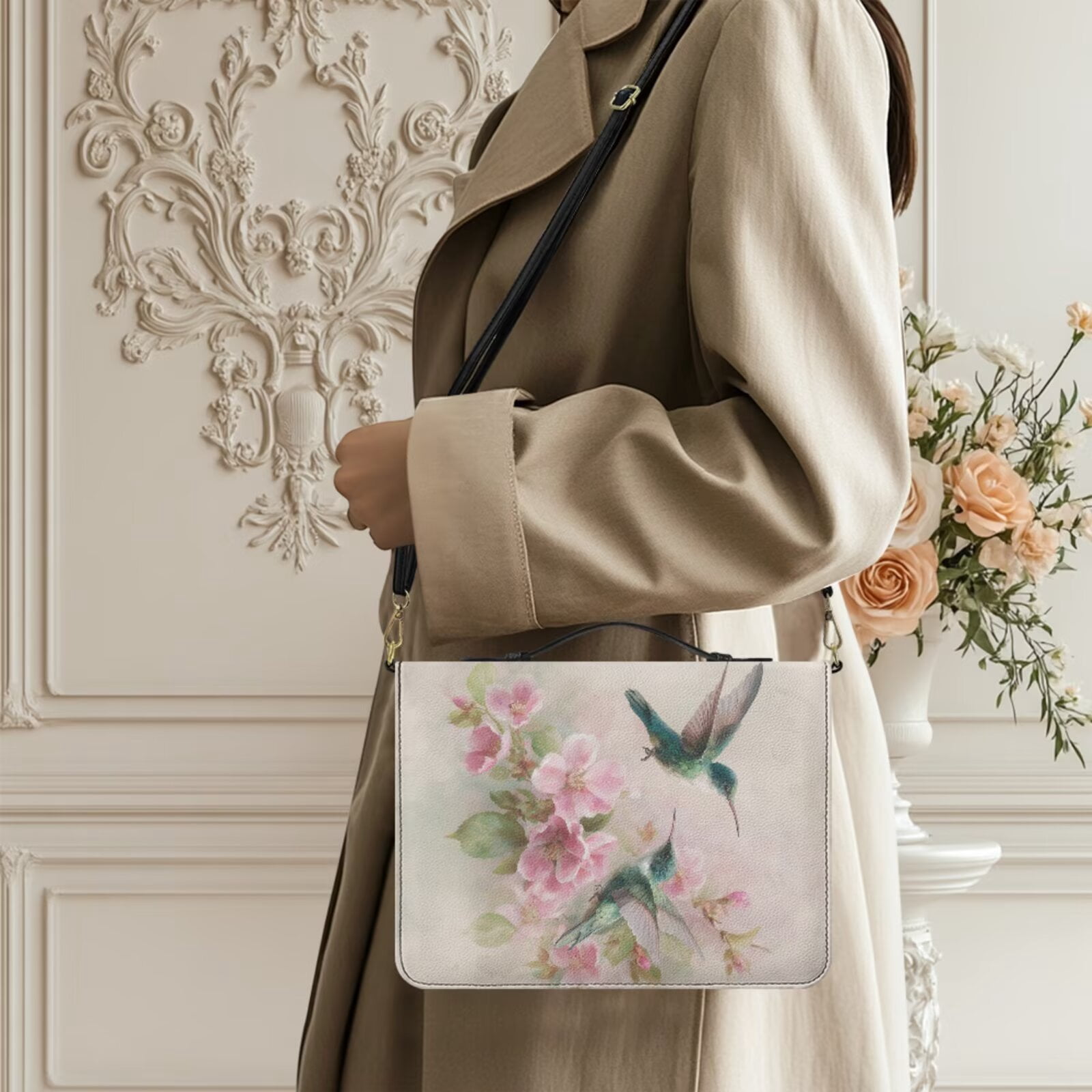 Kuiaobaty Hummingbird Print Bible Cover for Women Men Cherry Blossom Print Bible Study Supplies with Leather Bookmark Multi Pockets Church Bag Bibles Case with Strap Gifts for Christian, Beige