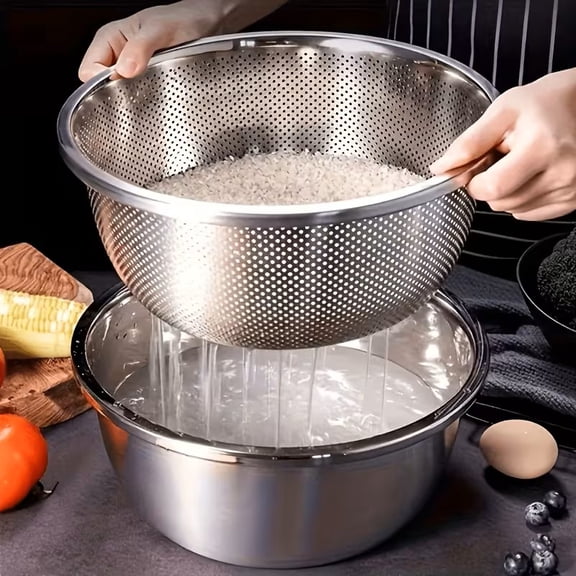 2pcs Stainless Steel Micro-Pore Filter Bowl Set - Multi-Purpose Colander And Mixing Basin for Washing Veggies, Fruits, Rice & Draining Pasta, Extra-Thick Large Capacity