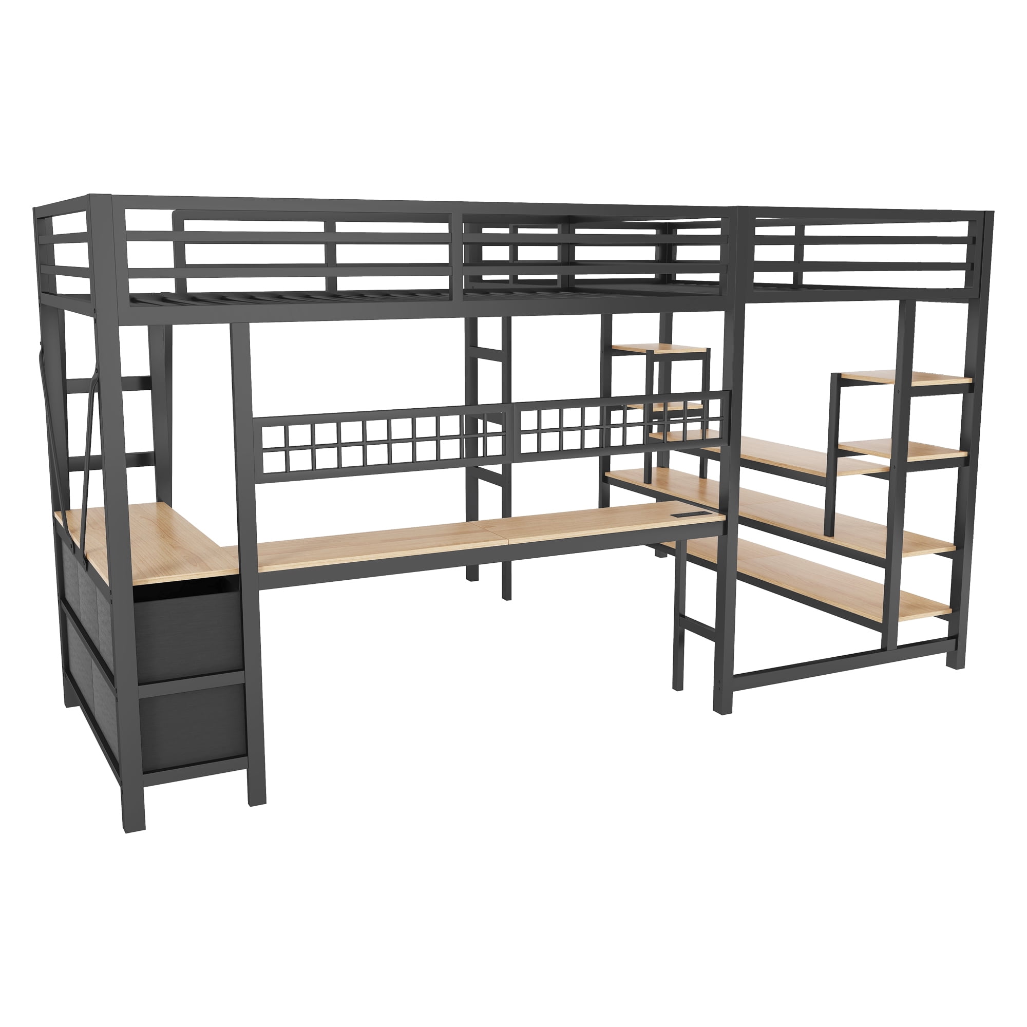 HOQBN L-Shaped Loft Bed Twin Size with 2 Built-in Desks and Show Shelves, Heavy Duty Metal Gaming Loft Bed with 5 Drawers, LED Lights, Charging Station and DIY Grid,Black