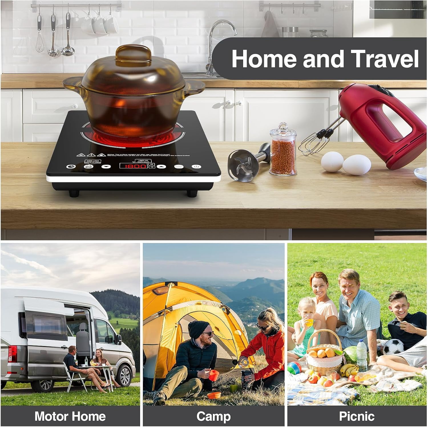 1800W Single Burner Electric Cooktop with Touch Control, 9 Power Levels, Child Lock Timer for Home Camping