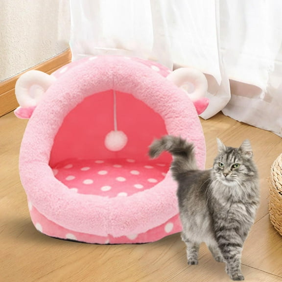 Cute Cat Bed, Pet House Dog Bed Cat Nest, Semi-enclosed Portable Rabbit Kitty Hat, Decorative Kennel with Washable Cushion, Kitten Cave Tent , Sheep, S