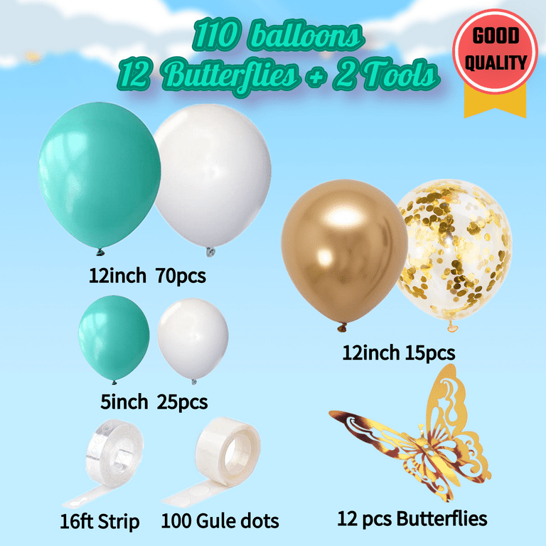 Teal Balloon Garland Kit - 122pcs Teal Balloon Arch Kit with Gold Butterfly, Turquoise Balloon Garland Kit for Birthday Graduation Wedding Baby Shower