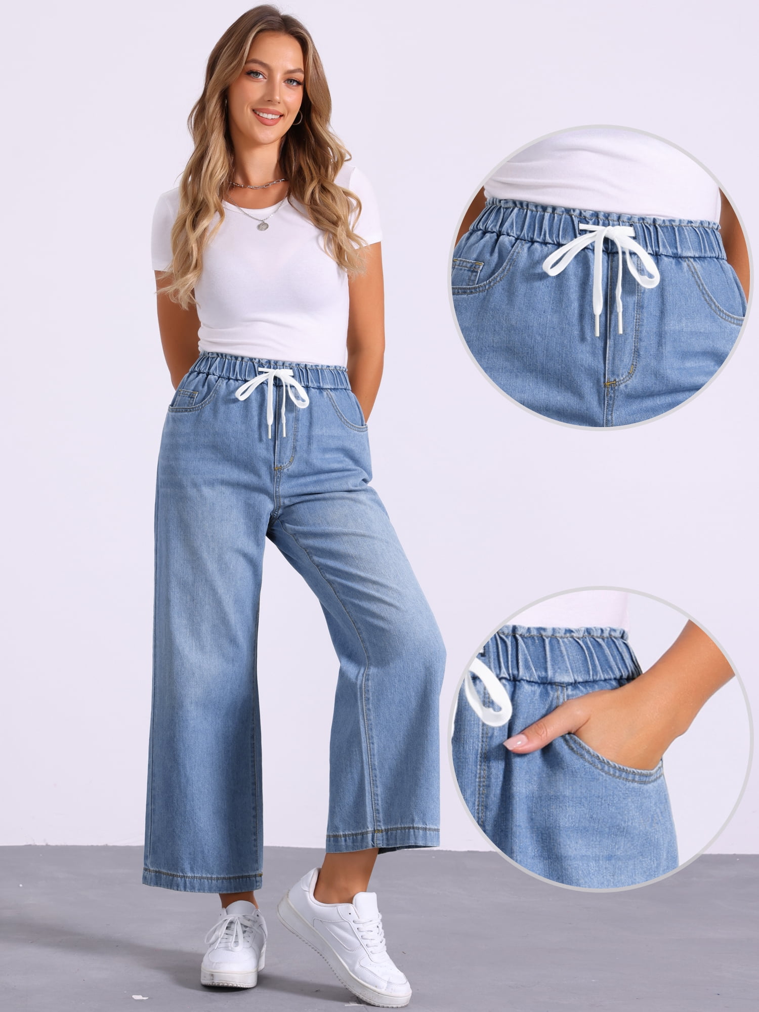 DARING DIVA Women's Trendy Elastic Waist Wide Legs Drawstring Jeans S Light Blue