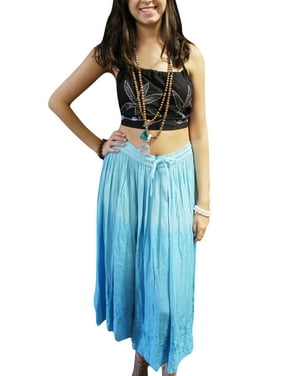Mogul Womens Blue Tiered Long Skirt Rayon Summer Style Flared Gypsy Hippie Chic Skirts L