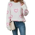 thumbnail image 2 of Womens Fall Sweaters Heart Print Long Sleeve Crew Neck Striped Pullover Loose Knitted Jumper 2025 White S, 2 of 9
