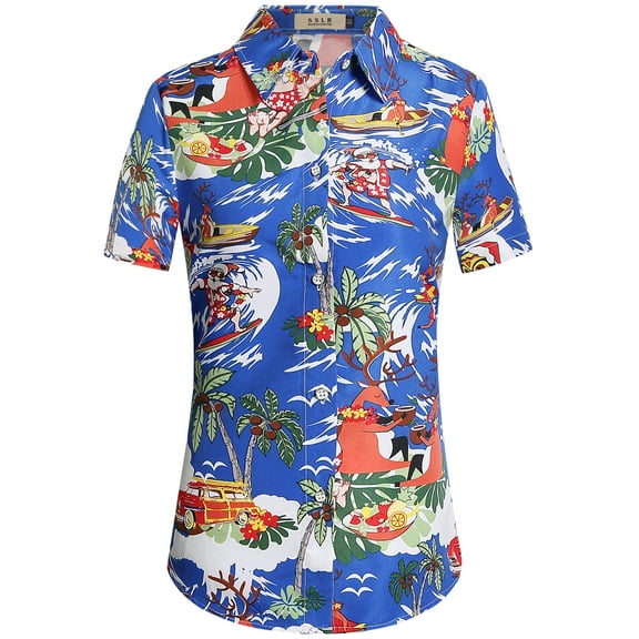 SSLR Women Santa Claus Ugly Hawaiian Christmas Shirts Tropical Aloha Beach Shirt Button Down Shirts