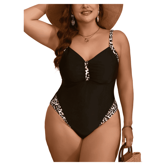 2026 New Plus Size Women's Black Leopard Print One-Piece Swimsuit, Slim Fit Bikini Style Bathing Suit for Summer Beach Wear