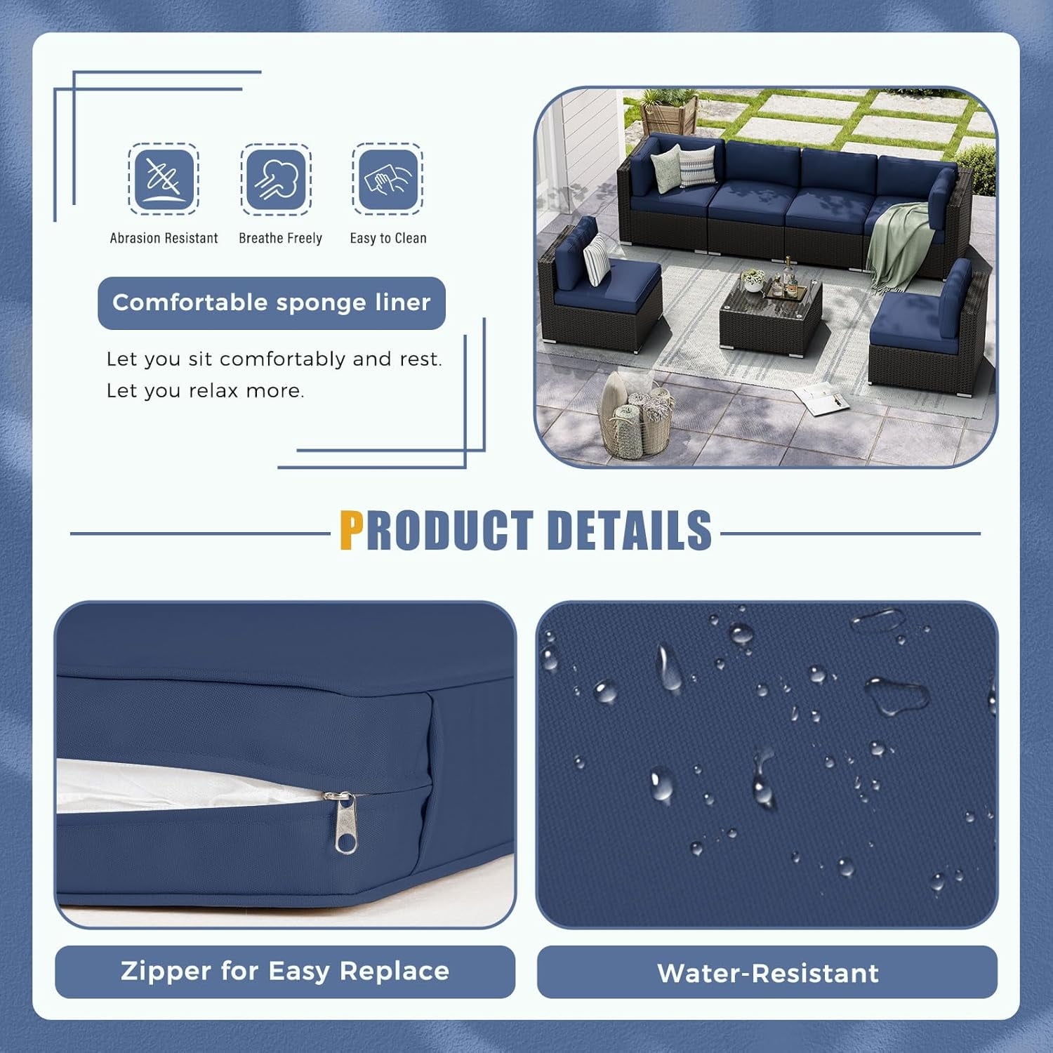 SUNCROWN 14 Piece Outdoor Patio Cushion Replacement, Patio Couch Cushions (6 Seat Cushion,6 Back Cushion, and 2 Corner Cushion) with Zipper for Outdoor Furniture (Dark Blue)