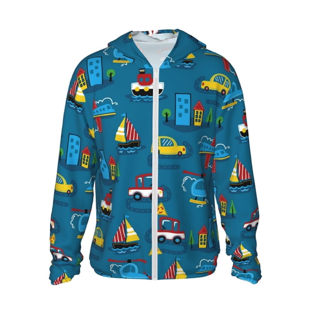 Vsdgher Transportations avec Imprimé Bâtiments Sweat à Capuche Adulte pour Hommes Femmes, Manches Longues Protection Solaire Chemises de Pêche pour Course Natation-Moyen