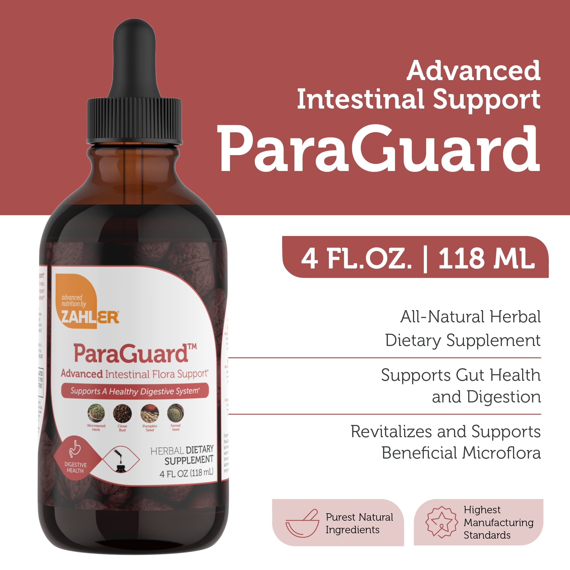 Zahler ParaGuard Liquid Drops, 4 Oz, Gut Health Supplement & Detox Cleanse with Wormwood, Garlic, Pumpkin Seed, Clove