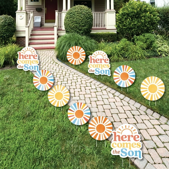 Big Dot of Happiness Here Comes the Son Outdoor Baby Shower Decorations, Retro Sun-Shaped Lawn Ornaments, Boy Boho Party Yard Signs - 10 Piece
