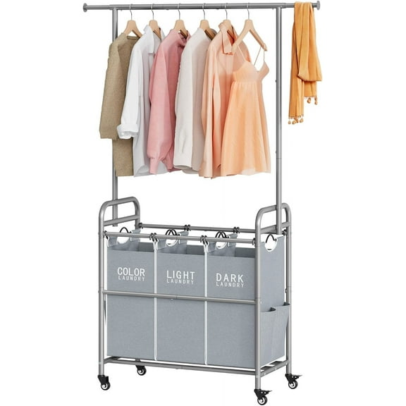 Laundry Sorter with Hanging Bar, 3 Section Rolling Laundry Hamper with Heavy Duty Lockable Wheels, Laundry Basket with Hanging Rack for Bedroom, 3 Gray