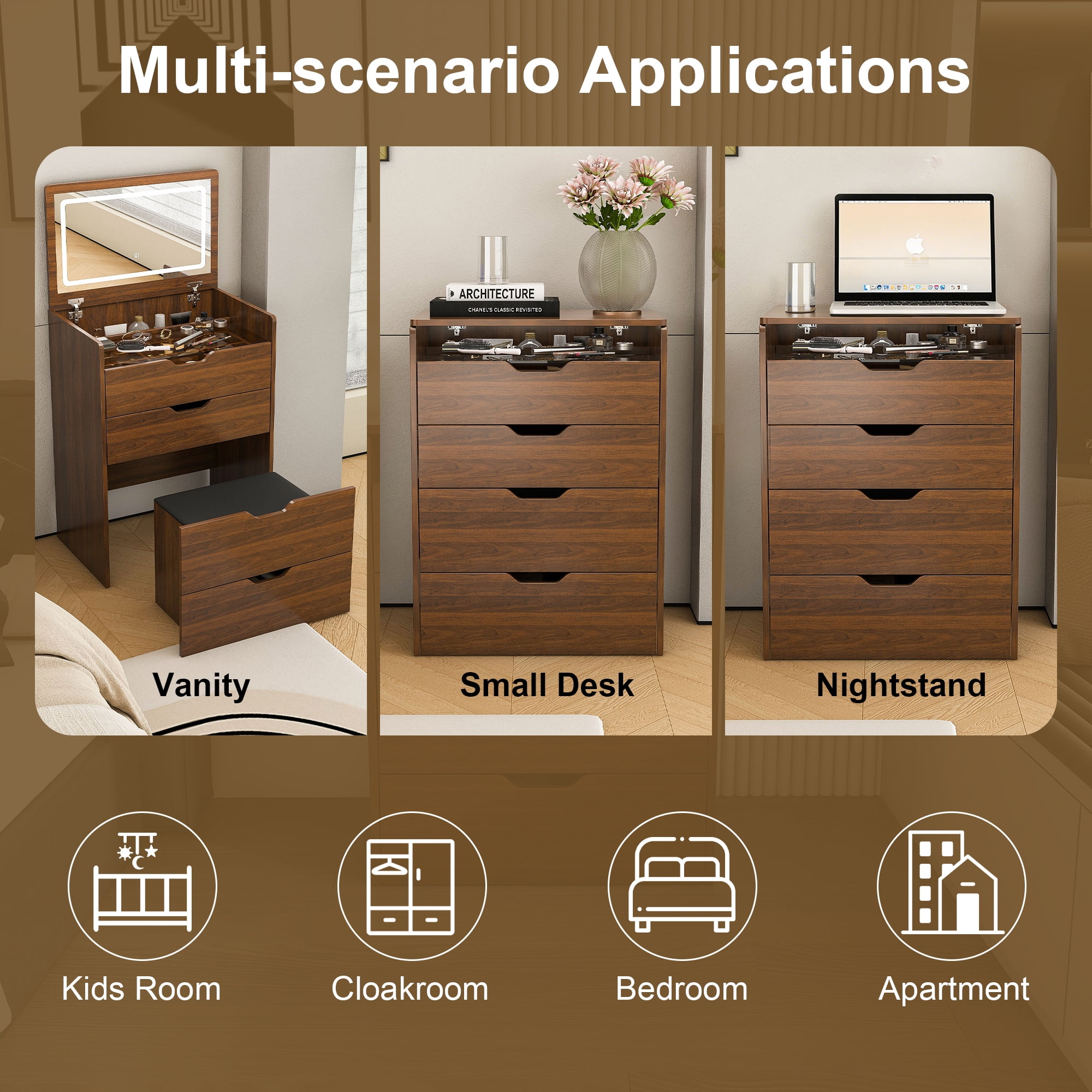 Jopath 3-in-1 Vanity Desk with Mirror & LED Lighted,23.62" W Flip Top Makeup Dressing Table with 4 Drawers for Bedroom,Walnut