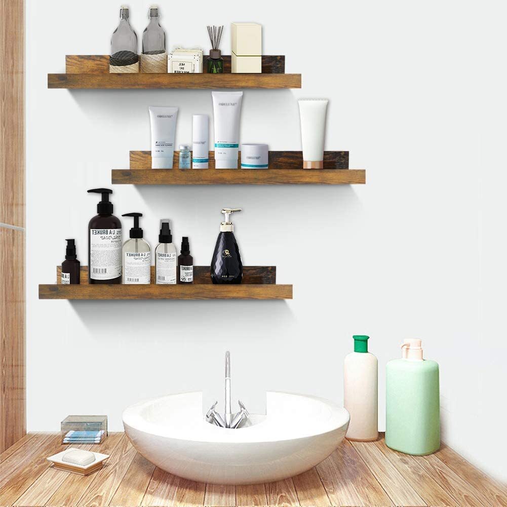 16 Inch Floating Wall Shelf Set of 3, Rustic Wall Mount Shelves for Bedroom Living Room Bathroom Kitchen, Brown