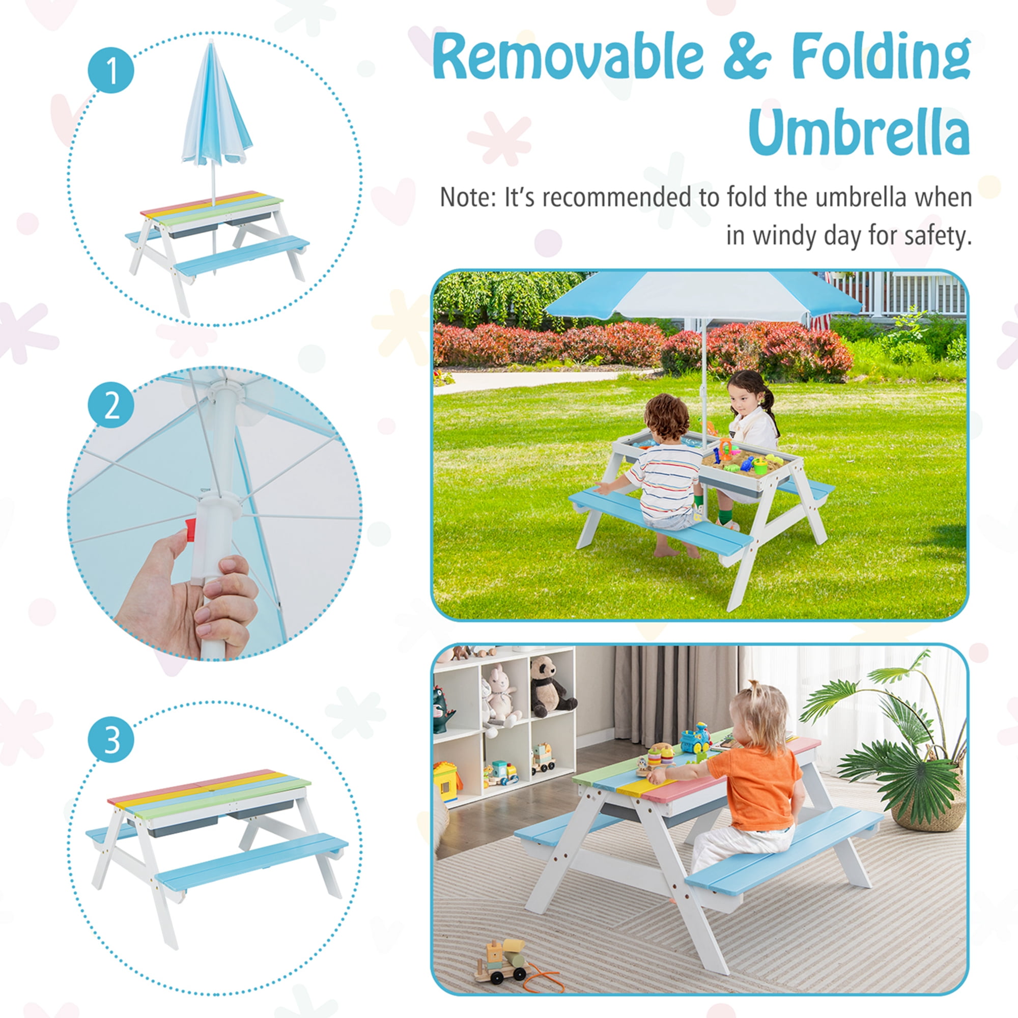 Costway 3-in-1 Kids Picnic Table Wooden Outdoor Sand & Water Table with Umbrella Play Boxes Blue
