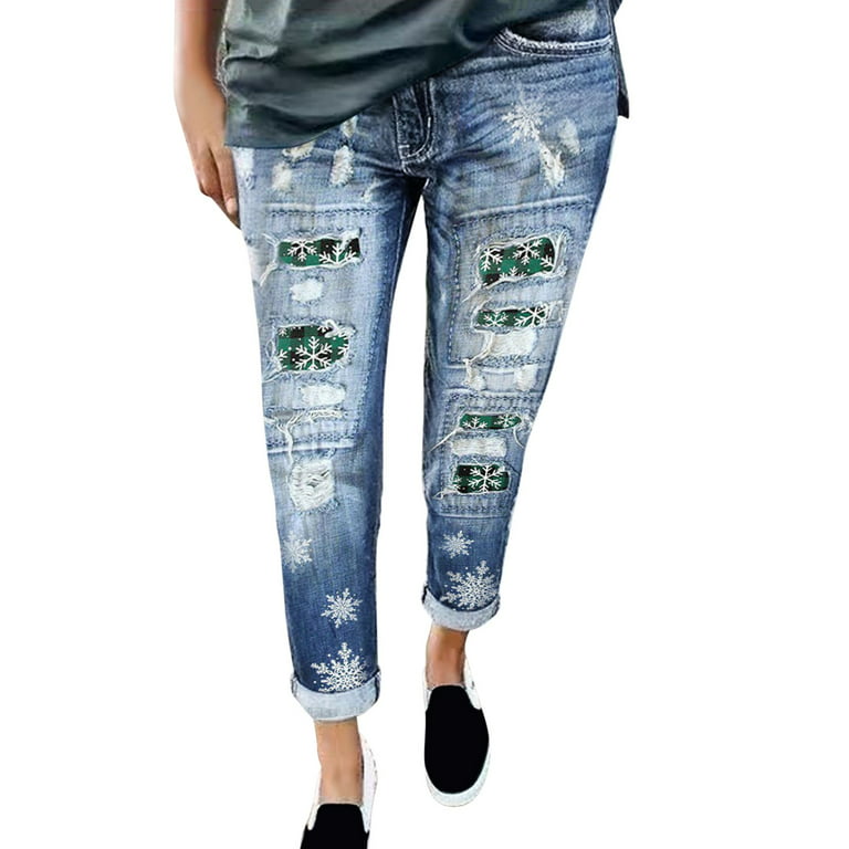 XZHGS Black Jean Jacket Women Christmas Tree Print Lattice Patchwork  Stretch Ripped Pants Mid Waist Hole Jeans Pants Distressed Washed Christmas  Patch