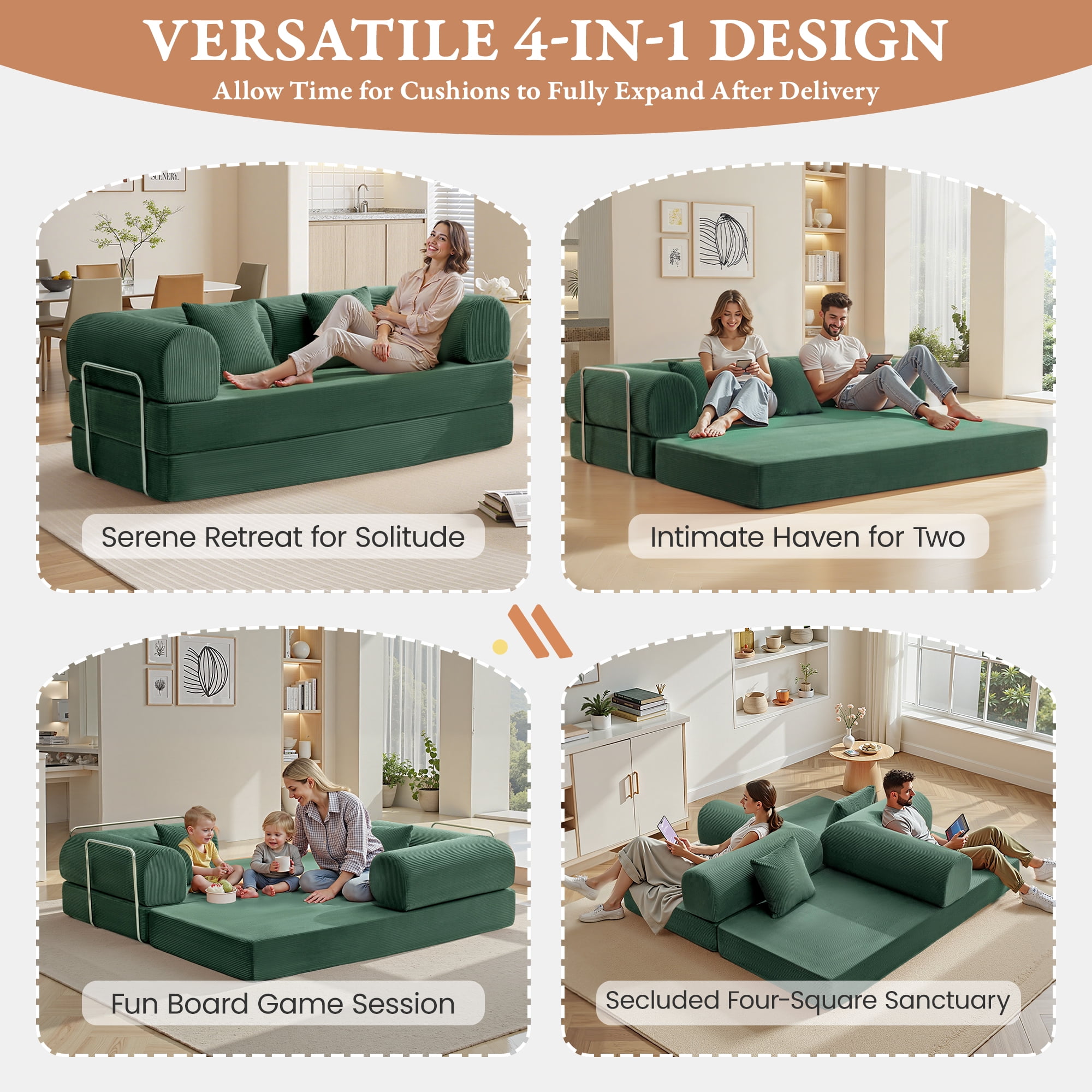 COOLHUT 78.7" W Combination Sofa, High Rebound Density Foam Sofa Couch, Two Forms Floor Couch Three Seats Sofa Bed for Living Room, Bedroom, Green
