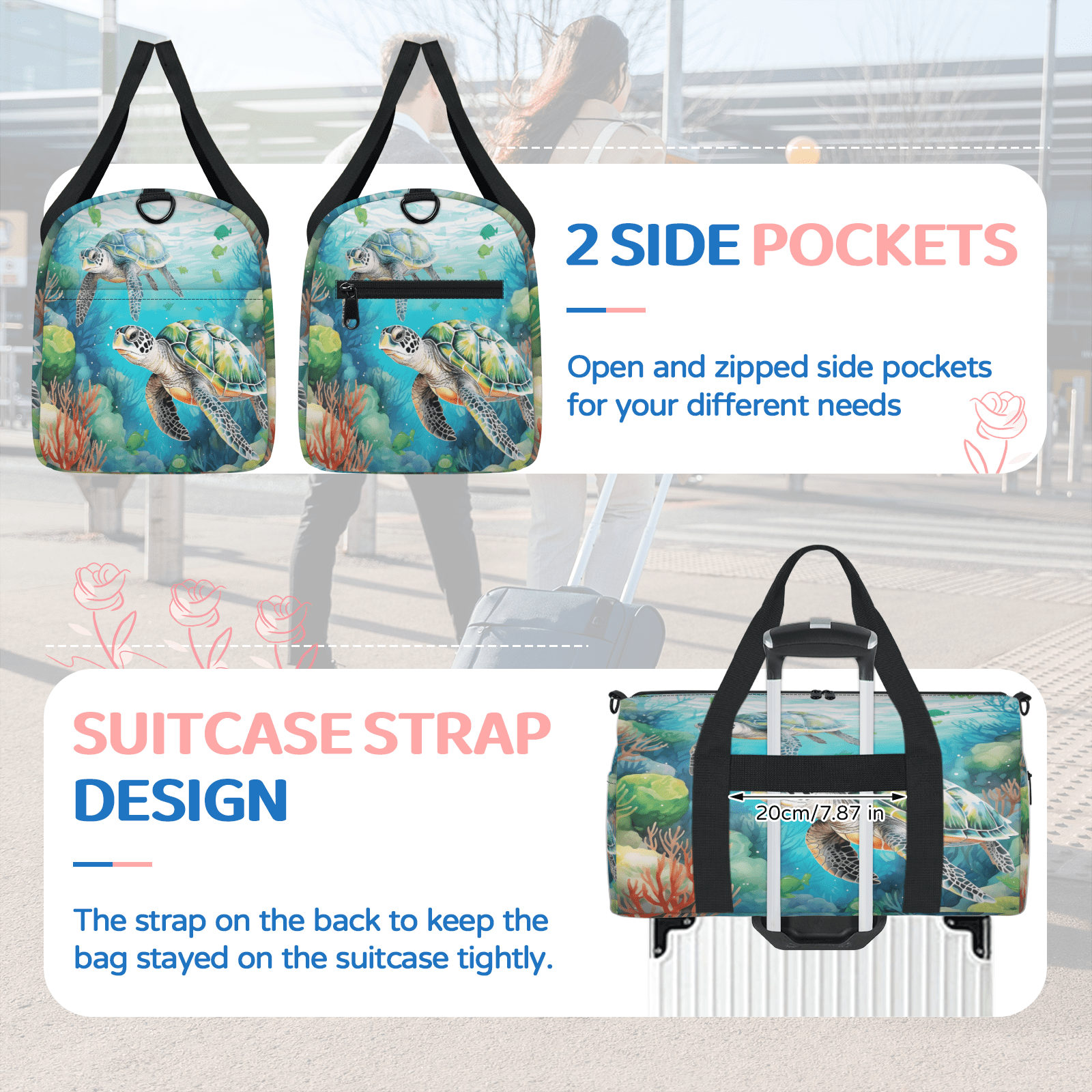 Herdesigns Sea Turtles Gym Bag for Women, Duffle Bag for Travel Sport, Lightweight Waterproof Carry on Weekender Overnight Dance Yoga Workout Bags