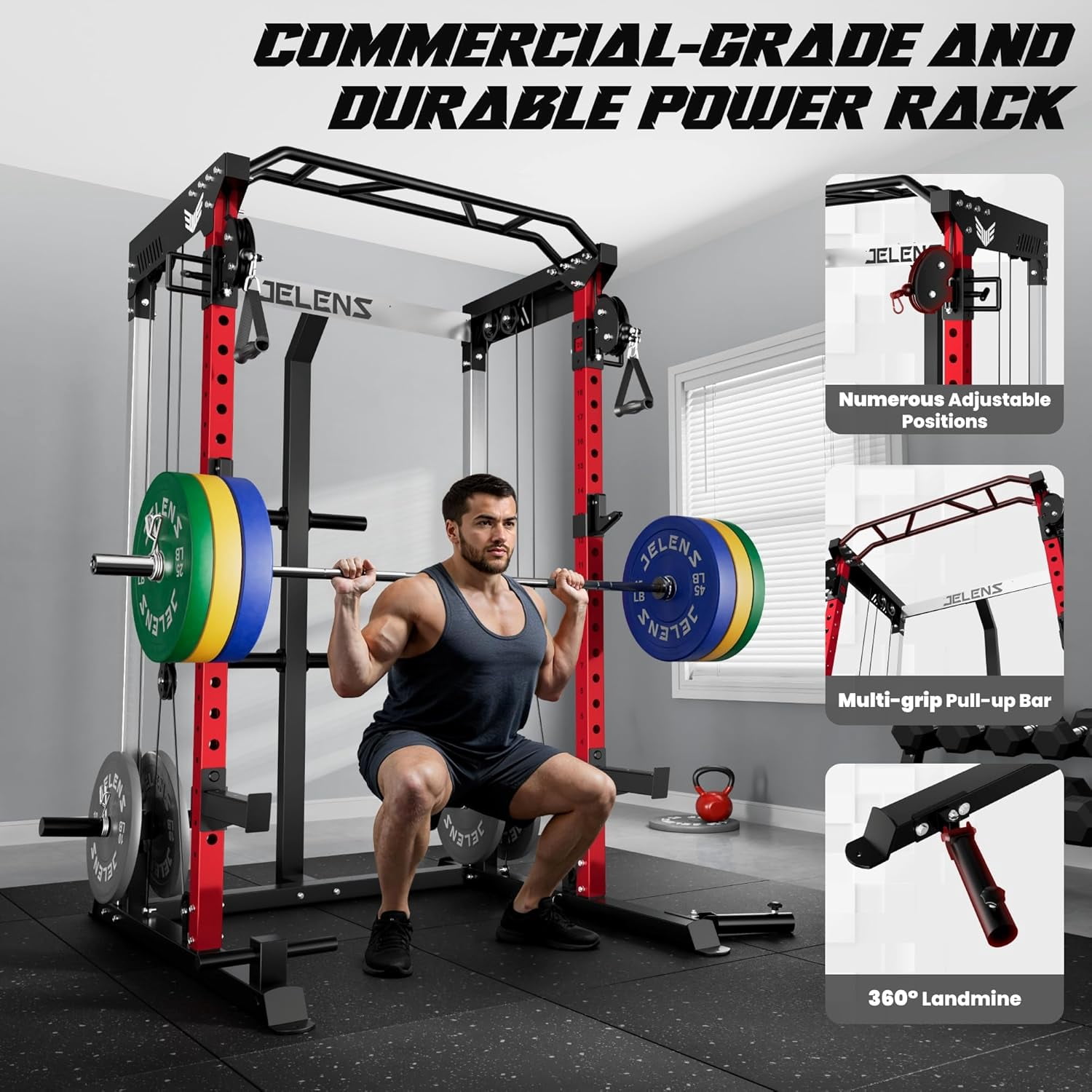 Multi-Function Power Rack Cage,2000lbs Dual Pulley Cable Crossover Machine with J Hooks, Dip Bars & Landmine for Home Gym