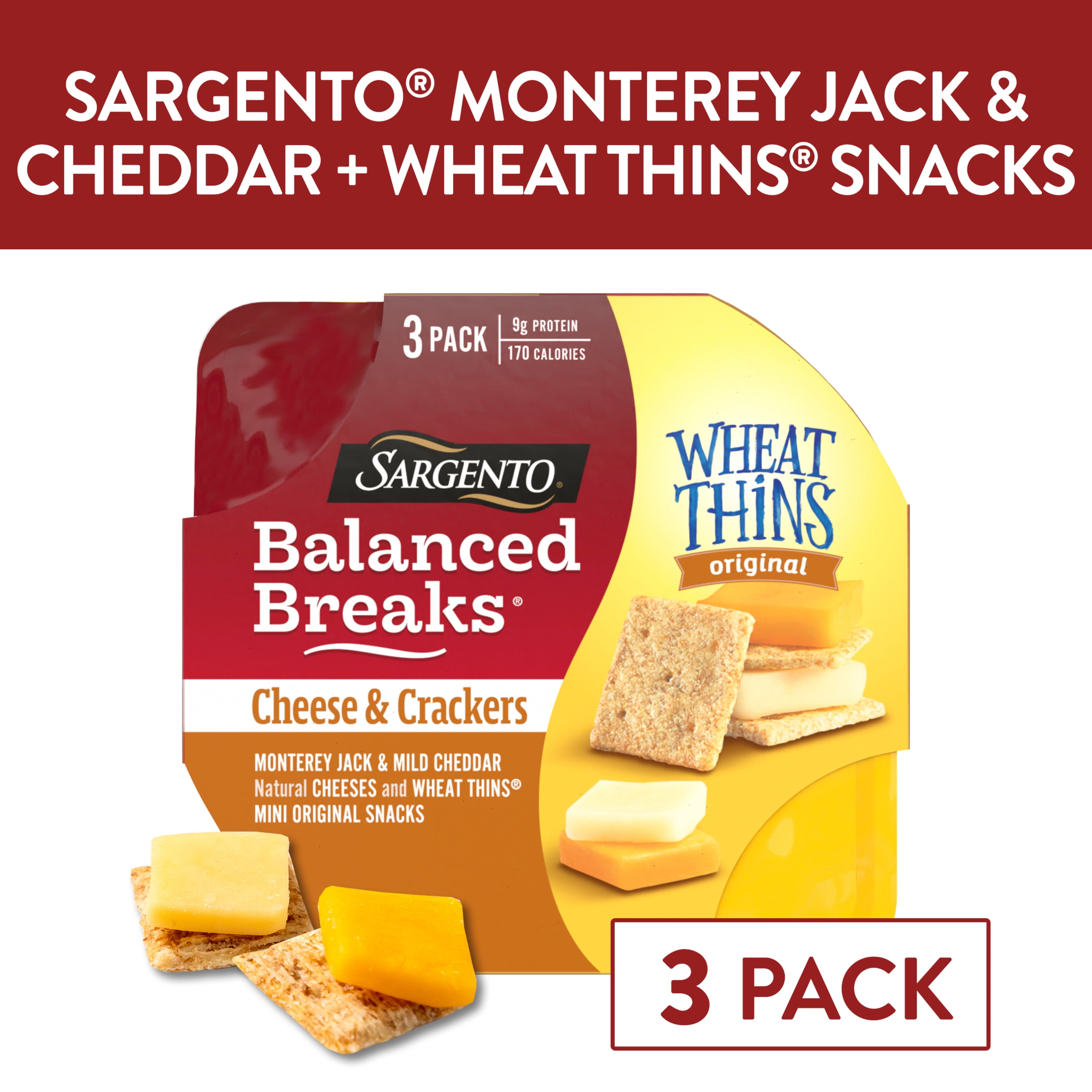 Sargento® Balanced Breaks® Cheese & Crackers, Monterey Jack & Mild Cheddar Natural Cheeses and WHEAT THINS® Mini Original Snacks Snack Kit, 3-Pack