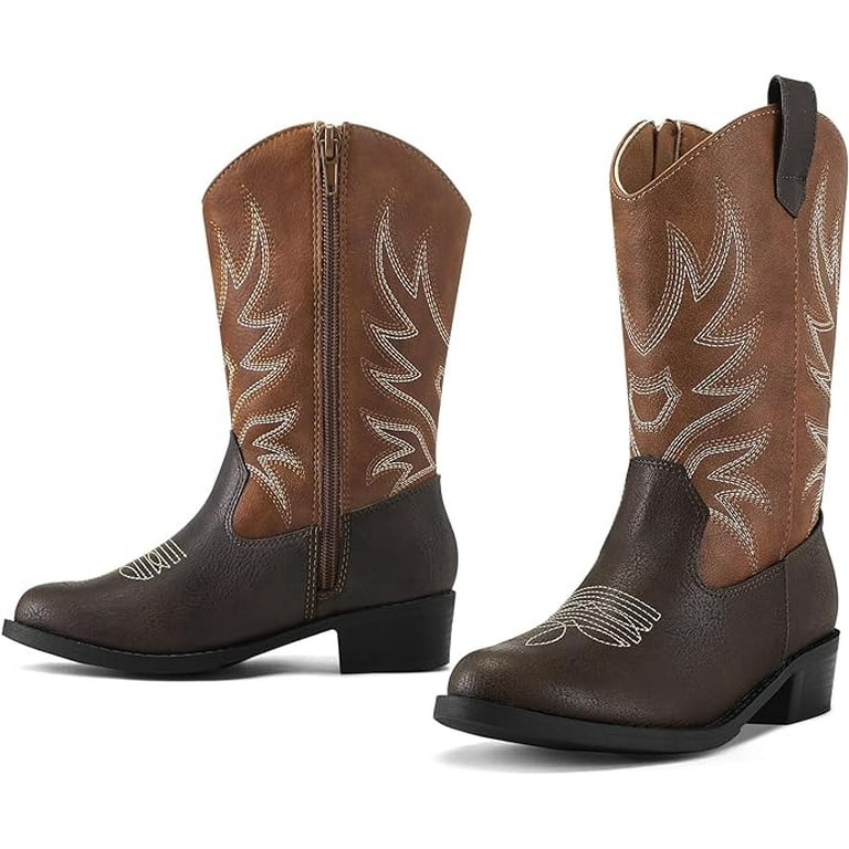 Kushyshoo Cowboy Boots for Girls and Boys Western Mid Calf Brown Cowgirl Boots Riding Shoes Size 12