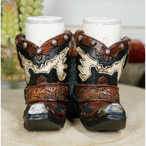 Western Fancy Pair of Cowboy Boots With Spur Salt And Pepper Shakers Holder Set
