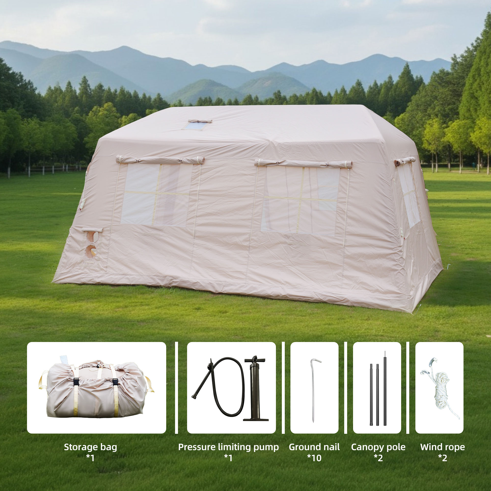 2-Room Inflatable Camping Tent 4-6 Person, 11m² Air Tent with Awning, 4 Season Waterproof Blow Up Shelter for Family & Group Camping, Beige