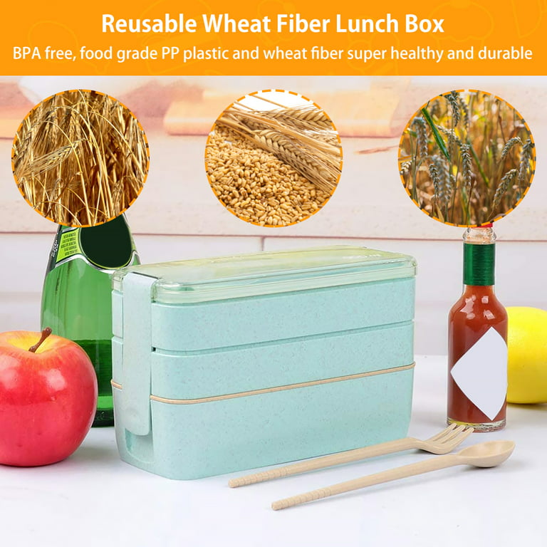 3 Pack Stackable Bento Box Adult Japanese Lunch Box Kit with Spoon & Fork  3-In-1 Compartment Wheat Straw Meal Prep Containers