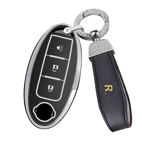 Soft TPU Sliver-Edge 3 Button Key Fob Cover for Nissan Rogue Murano Armada Pathfinder Accessories Keyless Key Case with Bling Leather Keychain