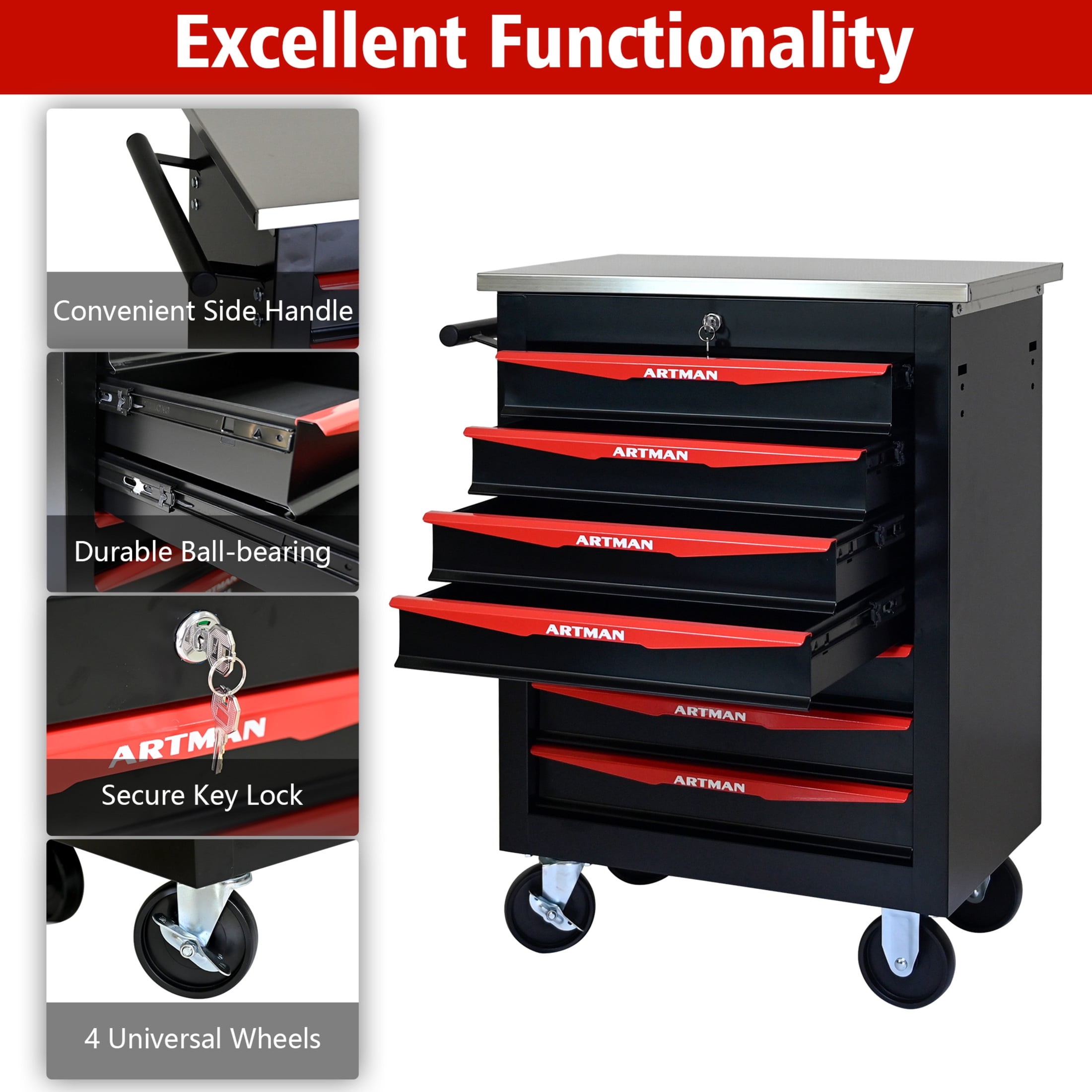 Noble House 7-Drawer Rolling Tool Organizer Cart, Steel Mobile Chest Storage with Worktop for Garage Workshop, Black