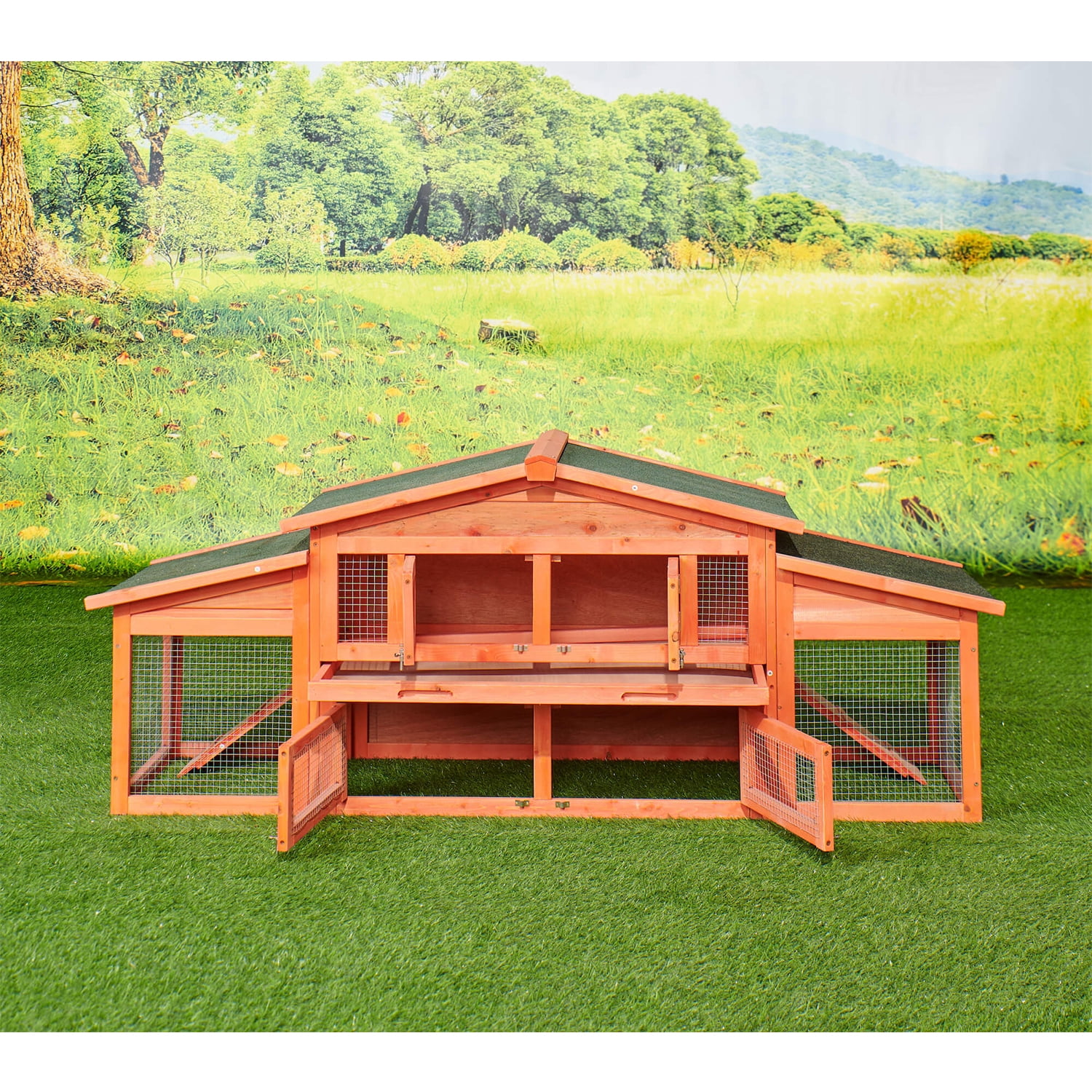 Kadyn 71' Chicken Coop Large for Animals, Wooden Outdoor Bunny Rabbit Hutch Hen Cage with Ventilation Door and 2 Run Play Area, Natural Kadyn 71' Chicken Coop Large for Animals, Wooden Outdoor Bunny Rabbit Hutch Hen Cage with Ventilation Door and 2 Run Play Area, Natural